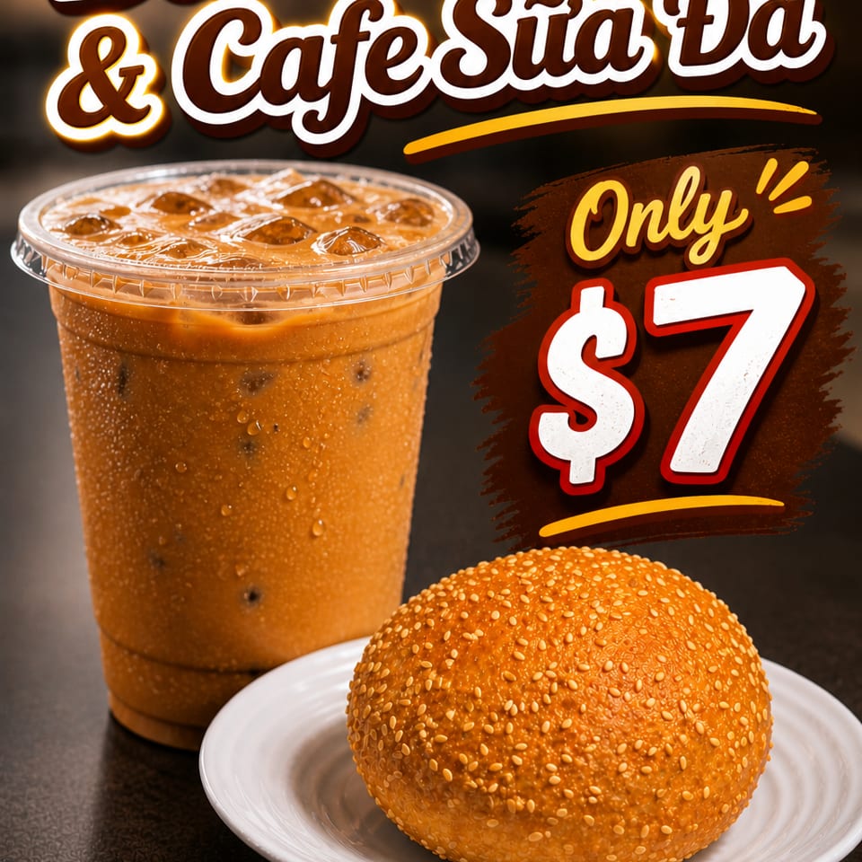 Iced coffee and a sesame-seed bun on a white plate, with text advertising a $7 deal.