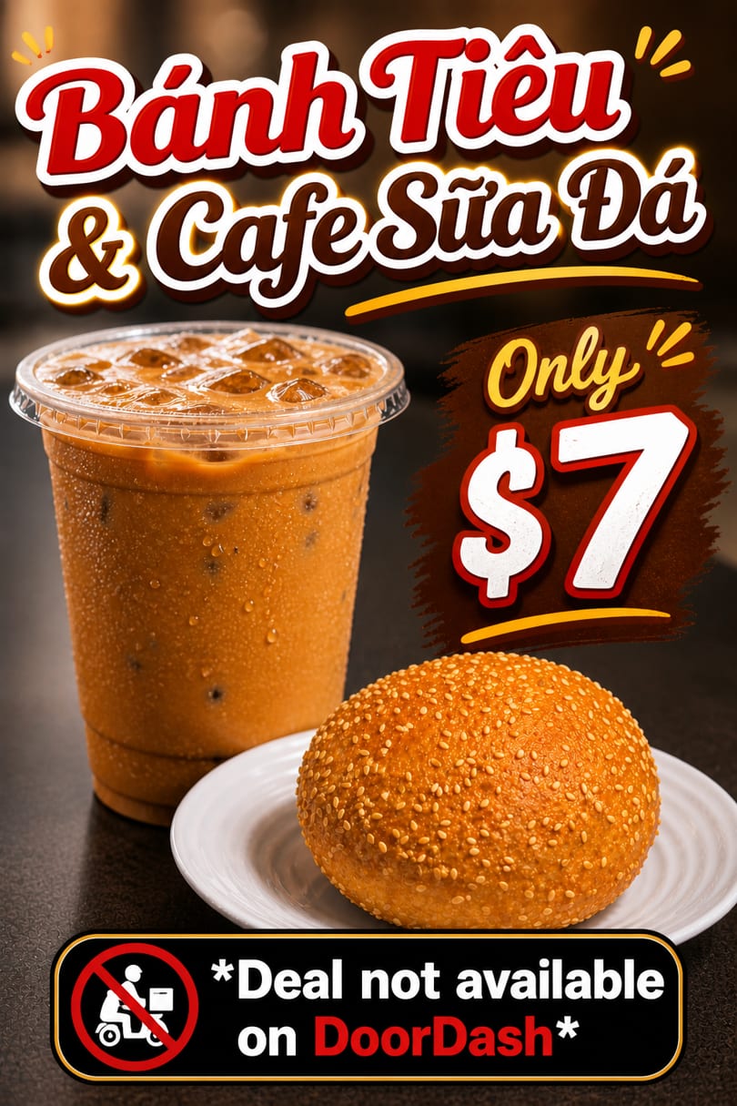 Iced coffee and a sesame-seed bun on a white plate, with text advertising a $7 deal.