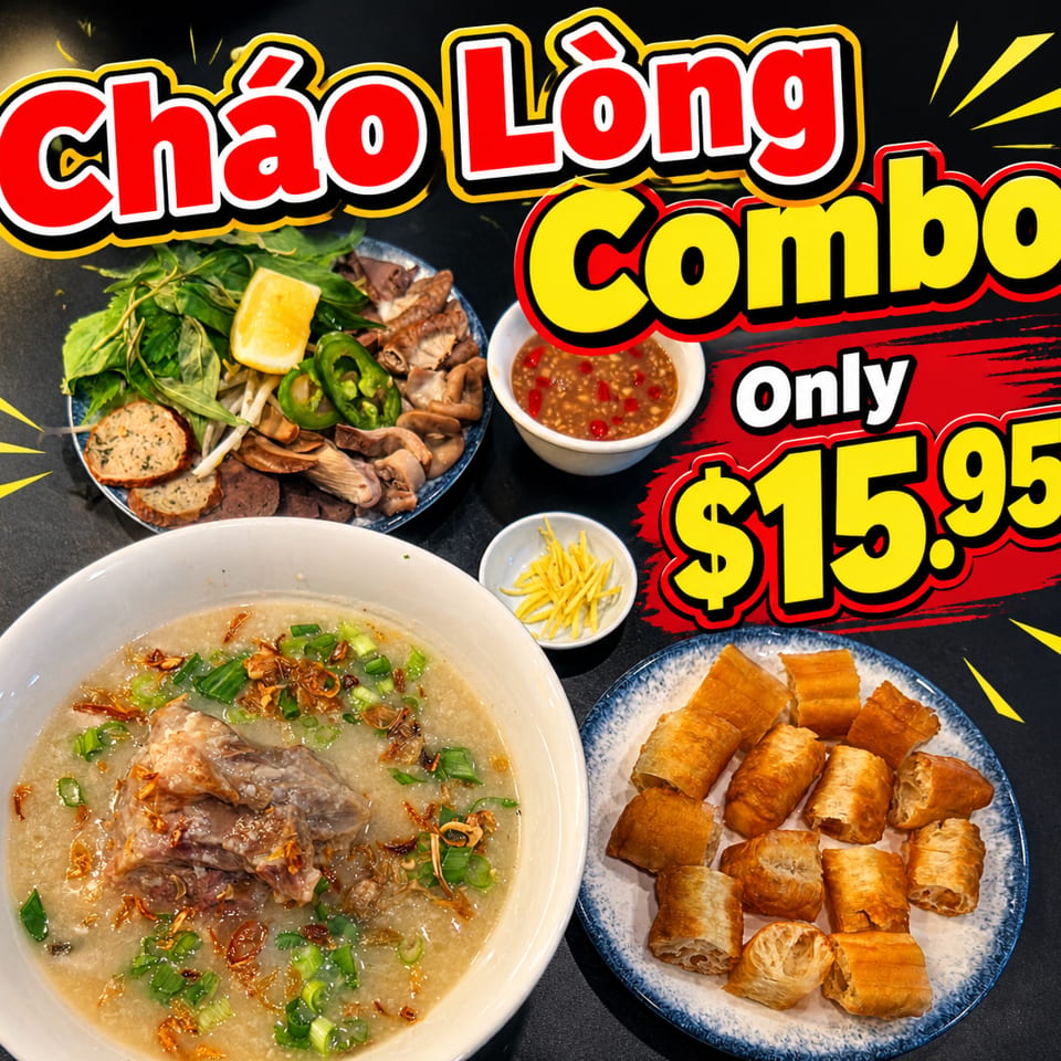 Cháo Lòng Combo with a bowl of porridge, a plate of assorted meats and herbs, and fried dough.