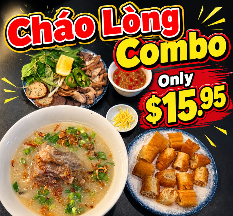 Cháo Lòng Combo with a bowl of porridge, a plate of assorted meats and herbs, and fried dough.